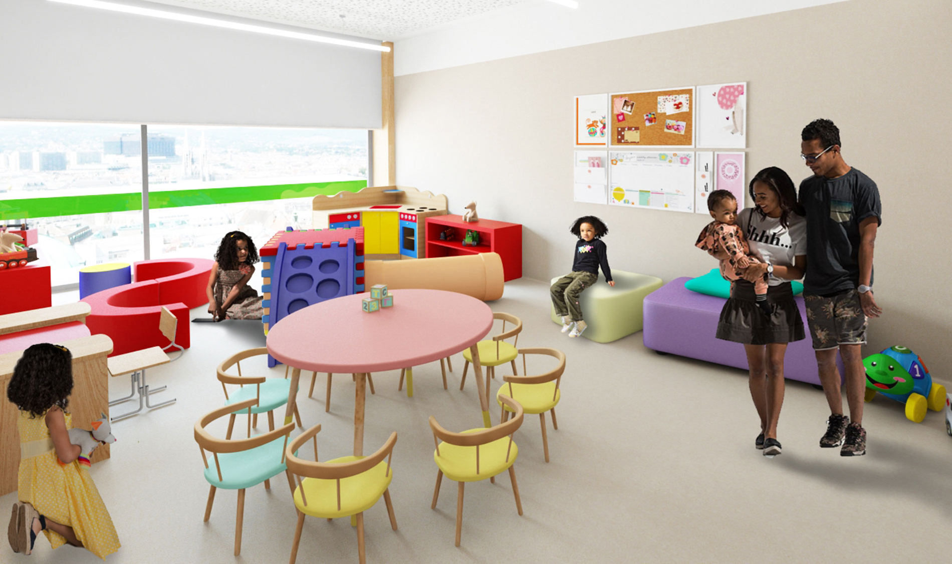 Aprender a brincar através da arquitetura da escola. Sala creche com mobiliário e iluminação colorido. Colégio Aldancas projeto Obra Atelier