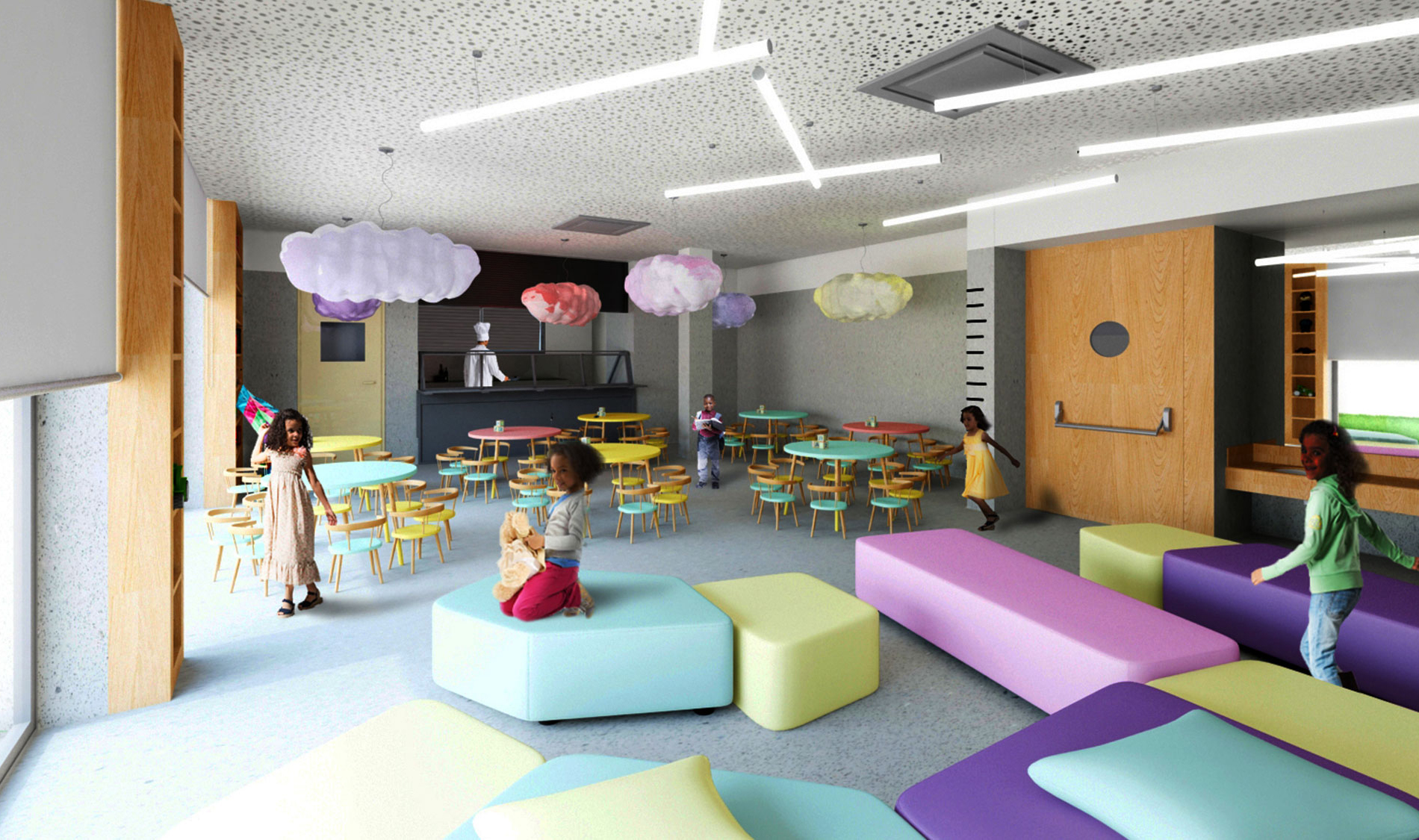 Aprender a brincar através da arquitetura da escola. Sala polivalente com mobiliário e iluminação colorido. Colégio Aldancas projeto Obra Atelier