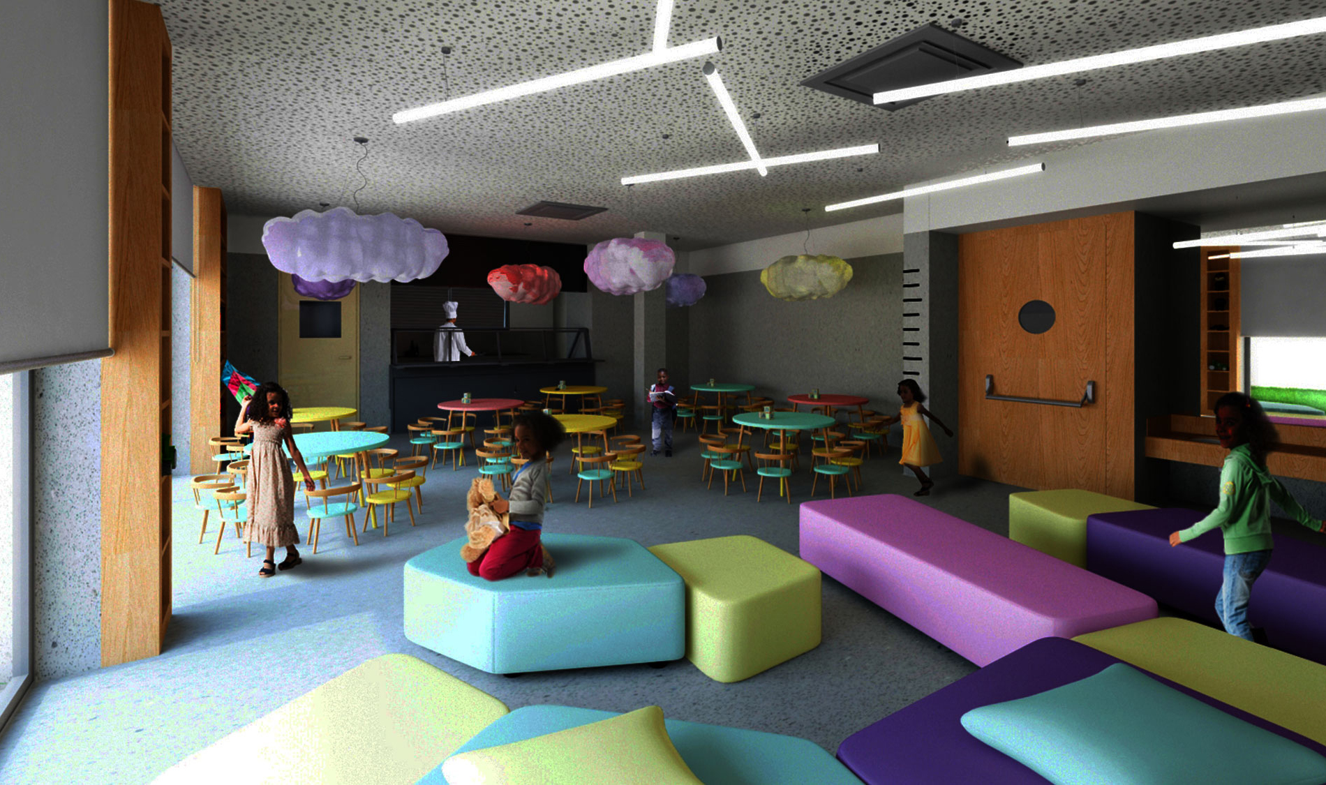 Como a cor influencia arquitetura. Colégio Aldancas onde sala polivalente faz uso da cor no mobiliário. Projeto Obra Atelier