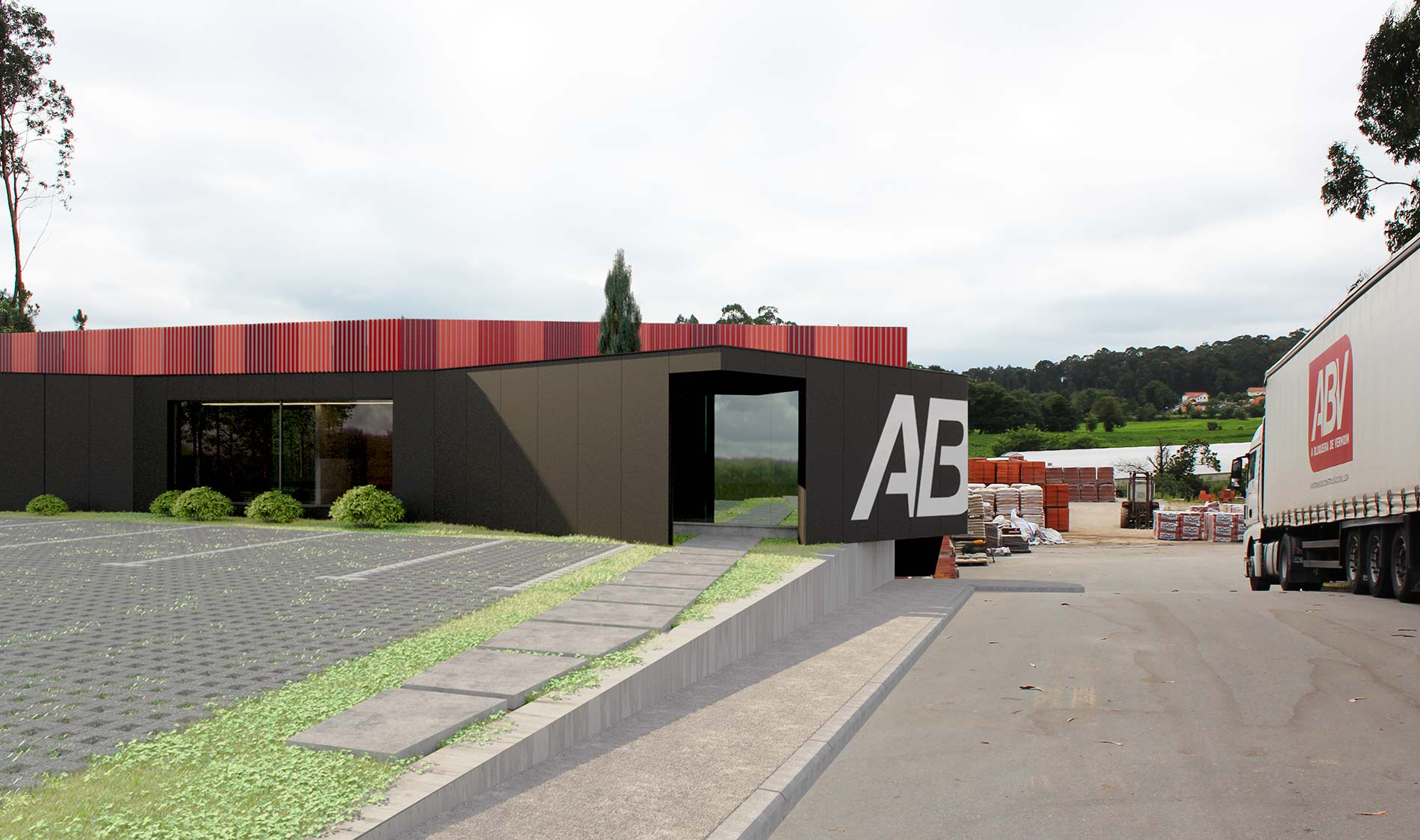 Remodelação de armazém ABV. Entrada, vista de frente, entrada escritórios. Projeto Obra Atelier