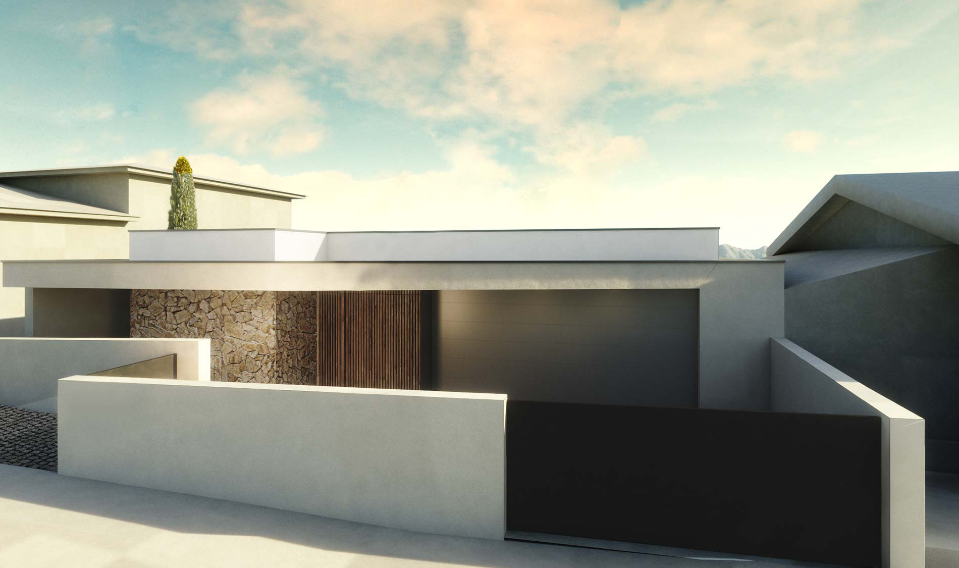 Casa moderna, Barão de Joane. Vista exterior com acesso carral, portão de garagem, e acesso pedonal. Projeto Obra Atelier