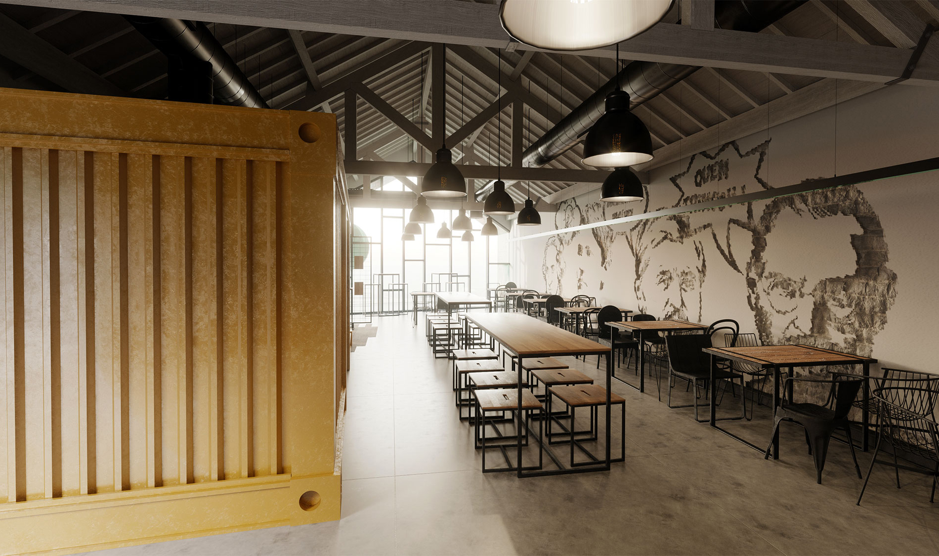 Estilo industrial moderno no projeto do restaurante. Interior sala de refeições. Projeto Obra Atelier